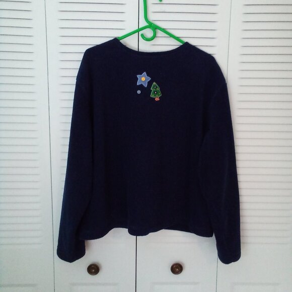 VTG C&B SPORT XL FLEECE BUTTON-UP NAVY CHRISTMAS TREES STARS GINGERBREAD TEACHER - Picture 8 of 9